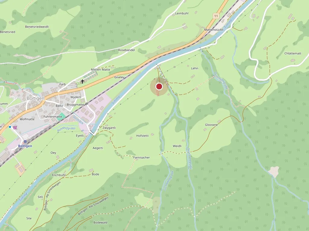 Kartenausschnitt von Boltigen mit der markierten Lage der Schiessanlage Lehn