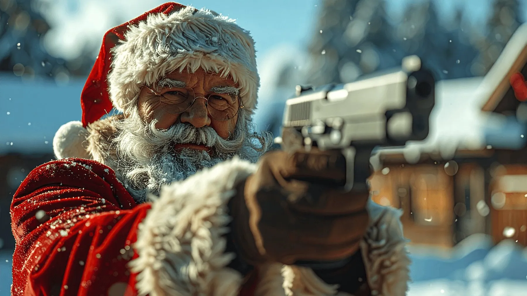 Samichlaus mit Sportpistole im Anschlag, humoristisches Motiv zum Klausschiessen